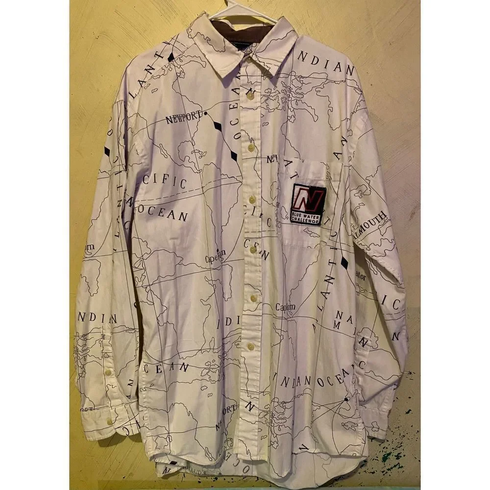 Vintage Nautica Blue water Challenge Ocean Map shirt sz Large Button up - Picture 4 of 10